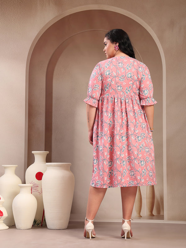 Stylum Women's Plus Size Pestal Pink Ethnic Printed Cotton Flared Dress (DRSPINKBUBBLEPLUS)