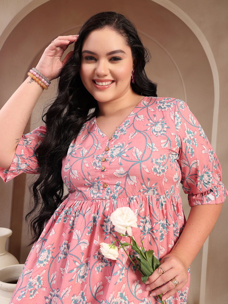 Stylum Women's Plus Size Pestal Pink Ethnic Printed Cotton Flared Dress (DRSPINKBUBBLEPLUS)