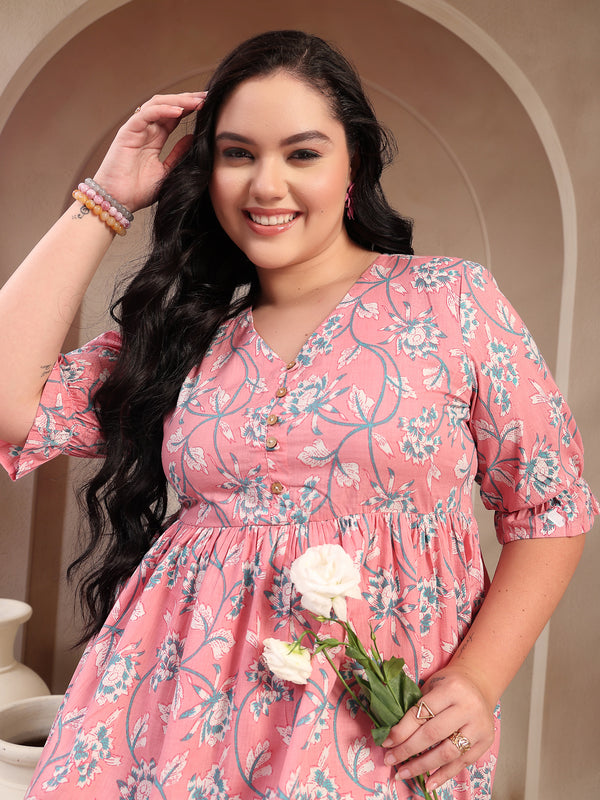 Stylum Women's Plus Size Pestal Pink Ethnic Printed Cotton Flared Dress (DRSPINKBUBBLEPLUS)