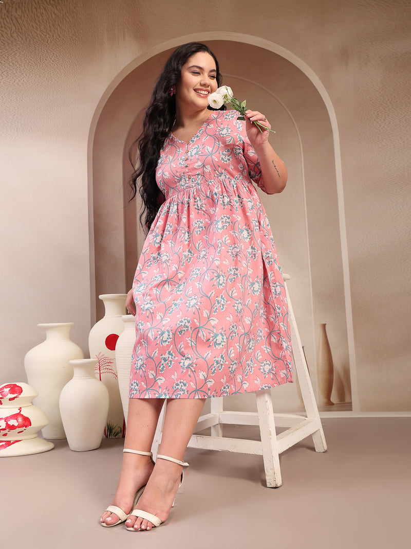 Stylum Women's Plus Size Pestal Pink Ethnic Printed Cotton Flared Dress (DRSPINKBUBBLEPLUS)
