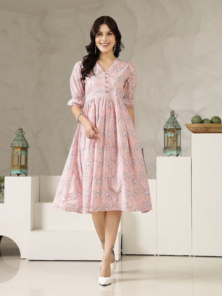 Stylum Women's Pestal Pink Ethnic Printed Cotton Flared Dress (DRSPINKBUBBLE)