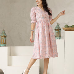 Stylum Women's Pestal Pink Ethnic Printed Cotton Flared Dress (DRSPINKBUBBLE)