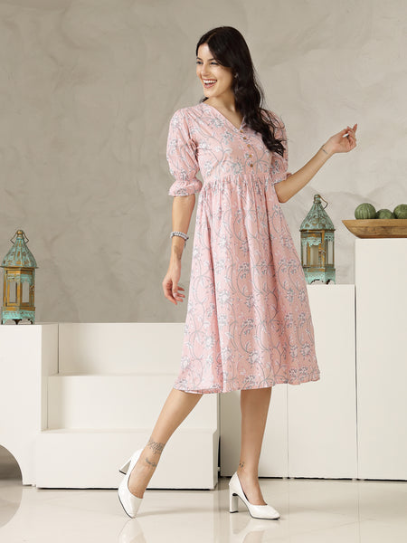 Stylum Women's Pestal Pink Ethnic Printed Cotton Flared Dress (DRSPINKBUBBLE)