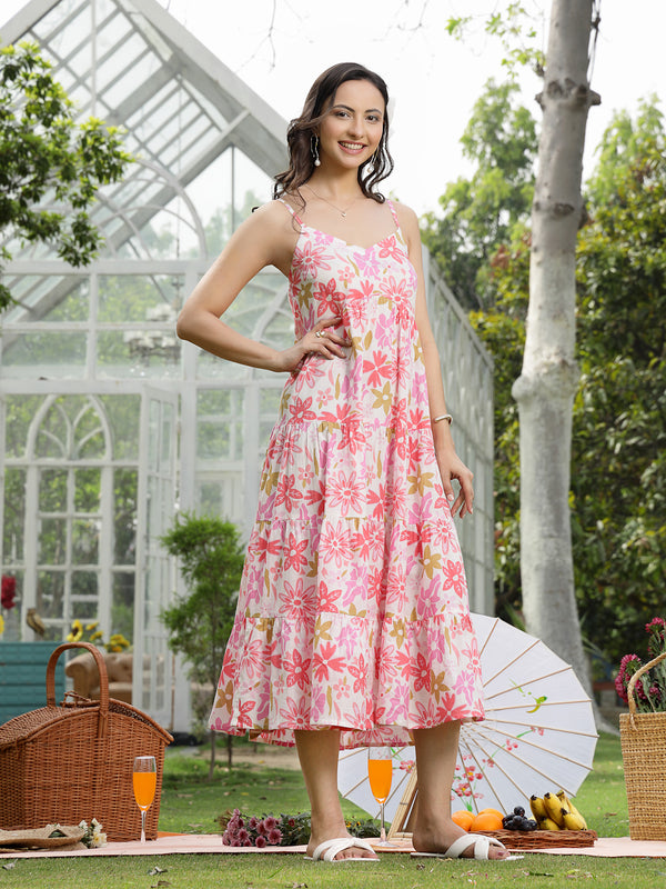 Stylum Women's Pink Floral Printed Cotton Flared Dress (DRSPINKETTA)