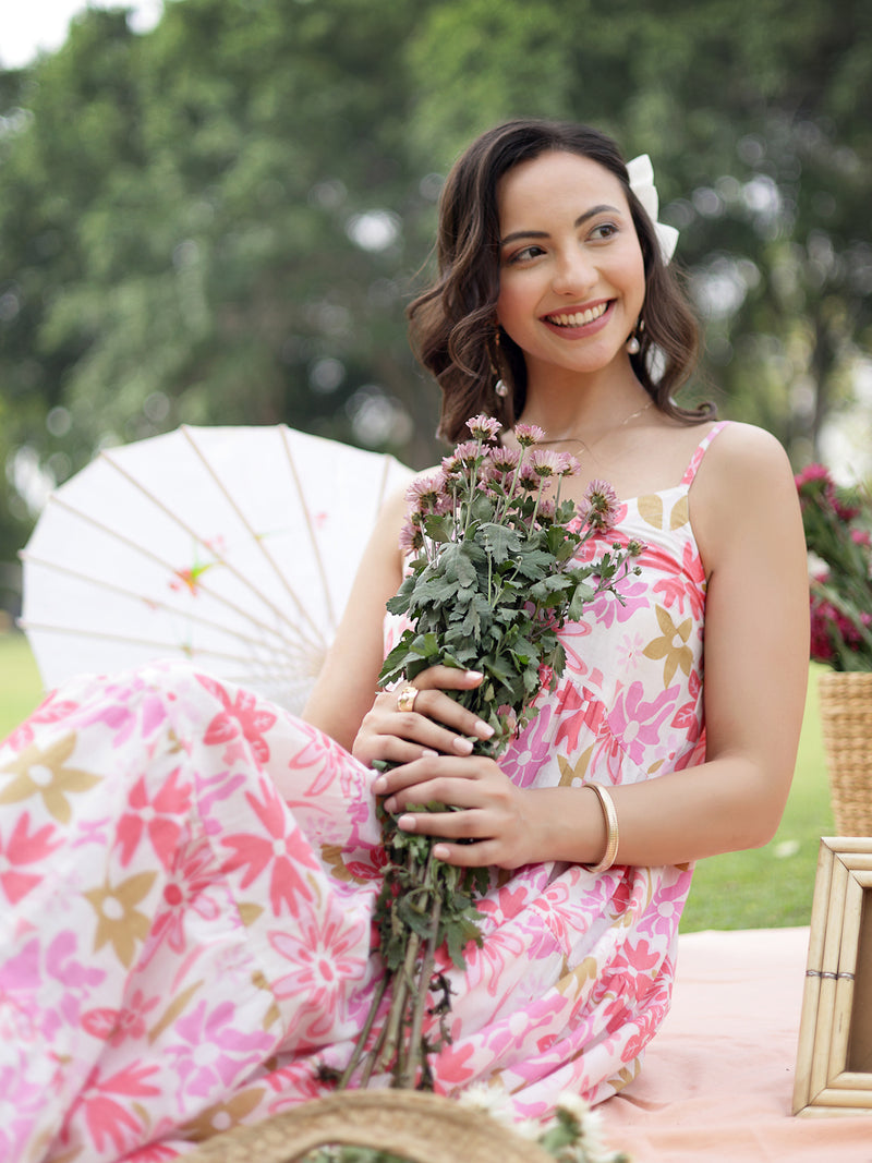 Stylum Women's Pink Floral Printed Cotton Flared Dress (DRSPINKETTA)
