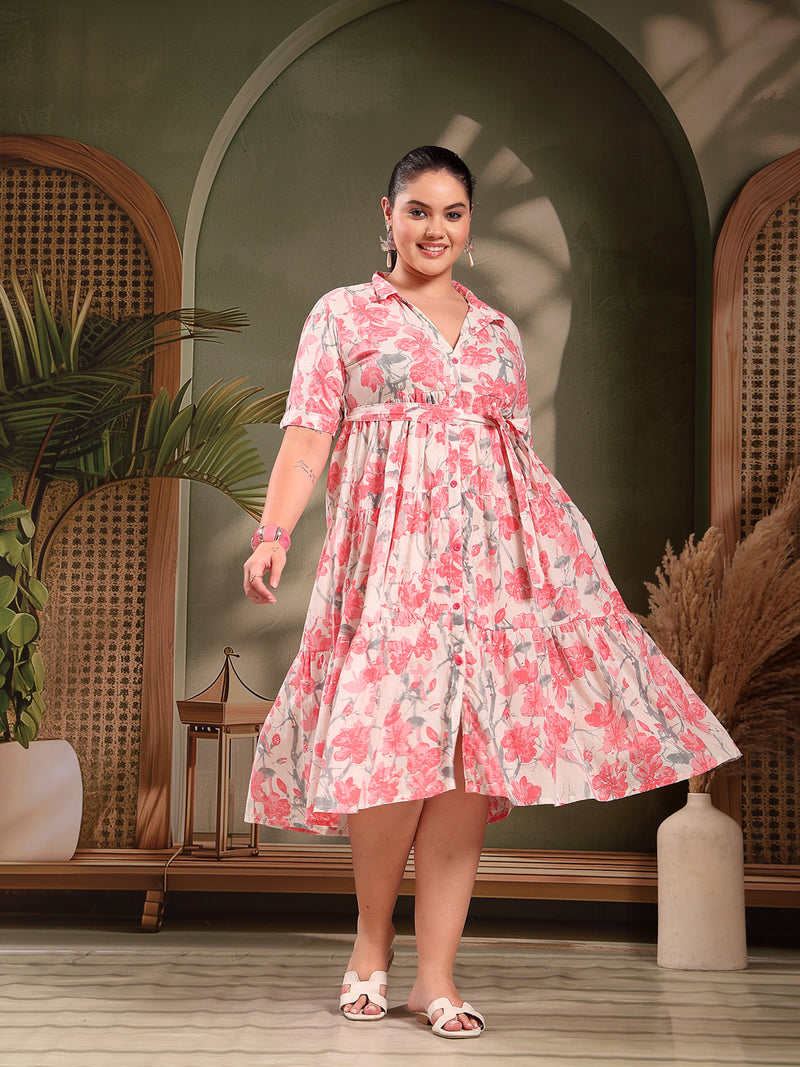 Stylum Women's Plus Size Pestal Pink Floral Printed Cotton Flared Dress (DRSPINKKINNUPLUS)