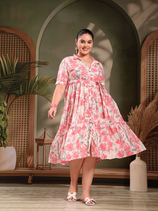 Stylum Women's Plus Size Pestal Pink Floral Printed Cotton Flared Dress (DRSPINKKINNUPLUS)
