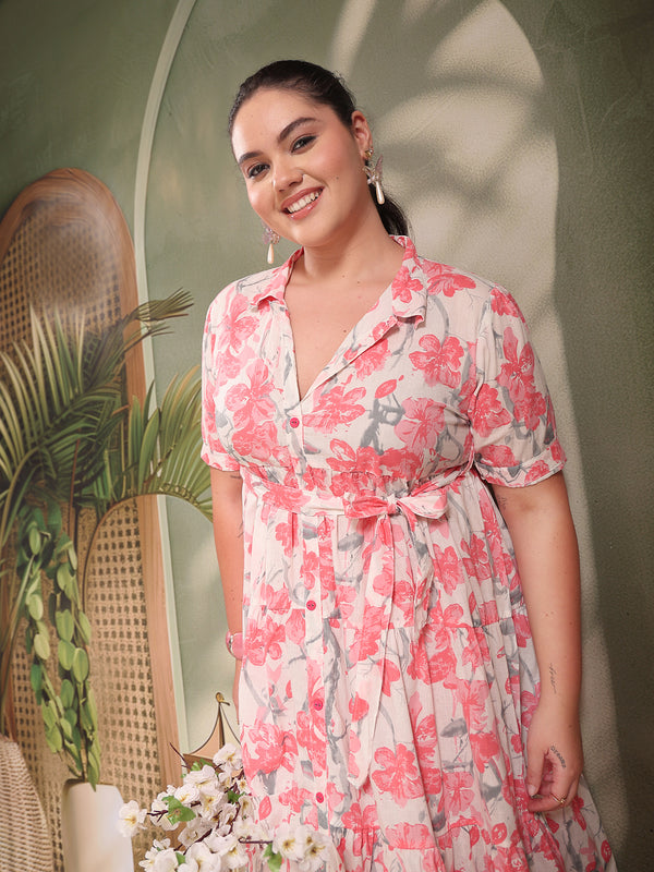 Stylum Women's Plus Size Pestal Pink Floral Printed Cotton Flared Dress (DRSPINKKINNUPLUS)