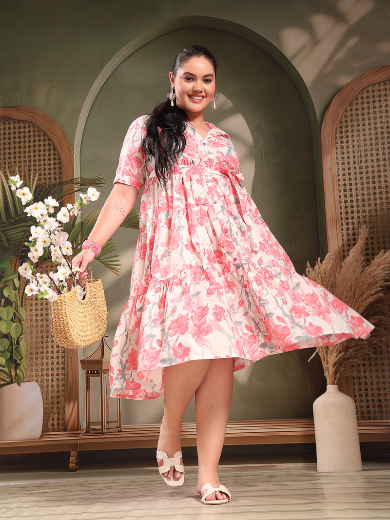 Stylum Women's Plus Size Pestal Pink Floral Printed Cotton Flared Dress (DRSPINKKINNUPLUS)