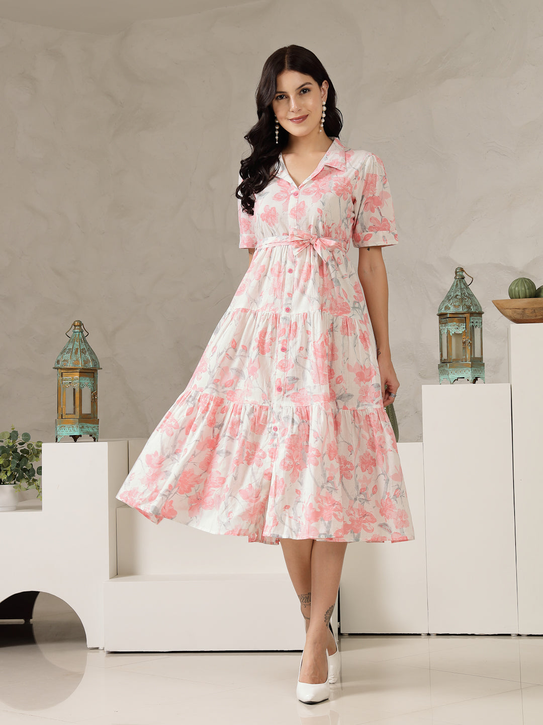 Stylum Women's Pestal Pink Floral Printed Cotton Flared Dress (DRSPINKKINNU)