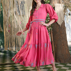 Stylum Women's Pink Solid & Embroidered Rayon Flared Dress (DRSPINKLUCK)
