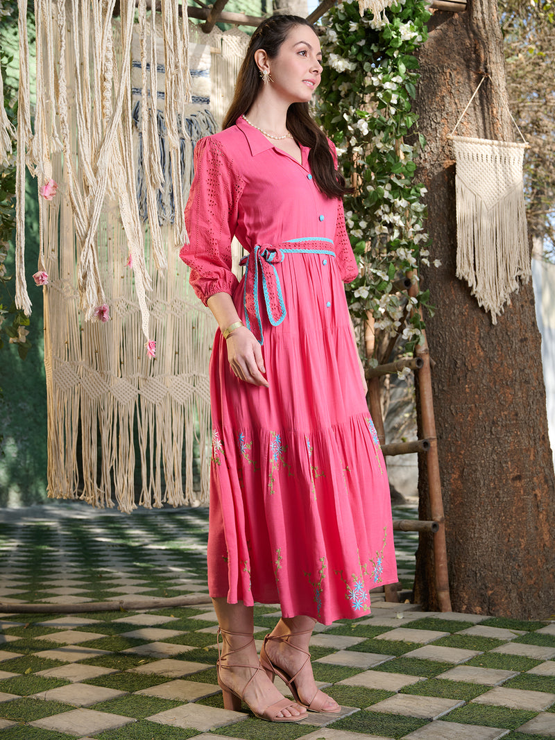 Stylum Women's Pink Solid & Embroidered Rayon Flared Dress (DRSPINKLUCK)