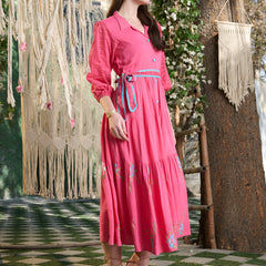 Stylum Women's Pink Solid & Embroidered Rayon Flared Dress (DRSPINKLUCK)