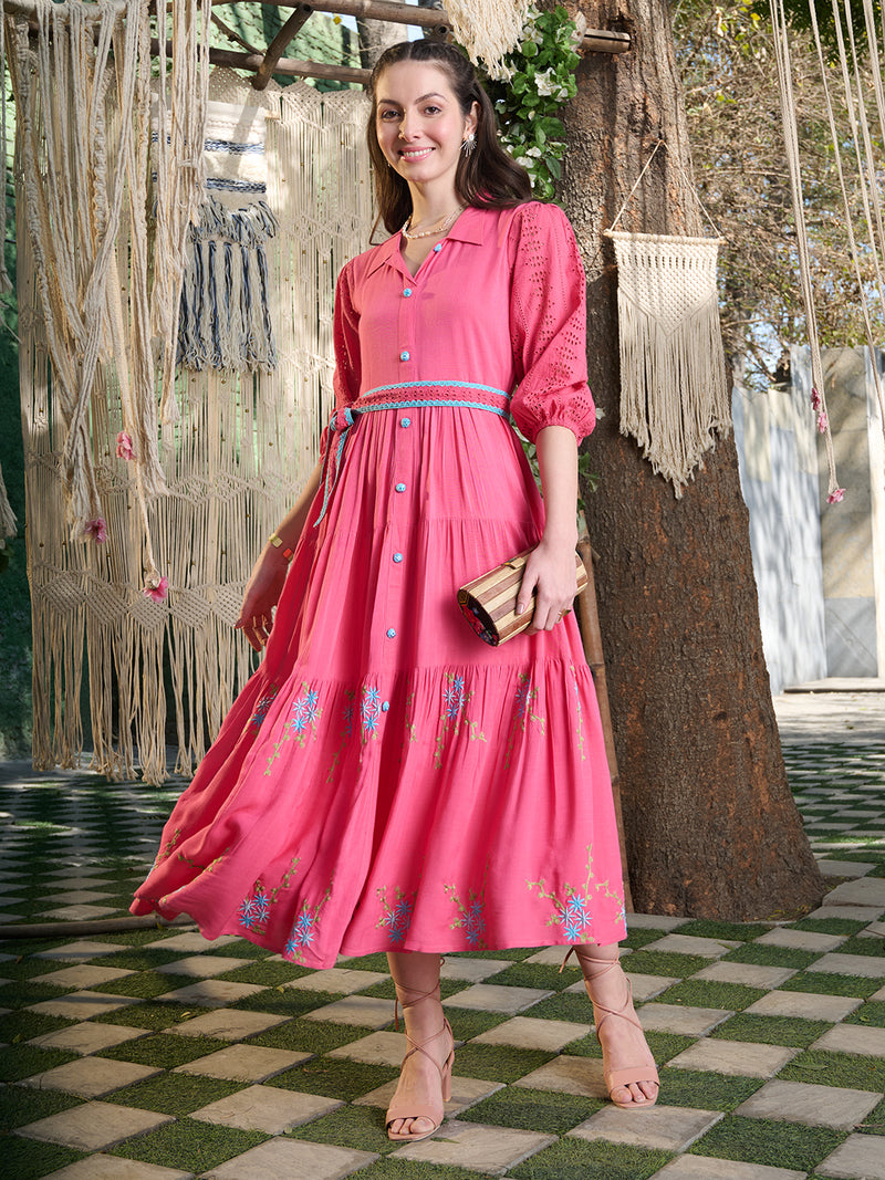 Stylum Women's Pink Solid & Embroidered Rayon Flared Dress (DRSPINKLUCK)