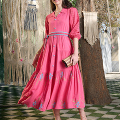 Stylum Women's Pink Solid & Embroidered Rayon Flared Dress (DRSPINKLUCK)