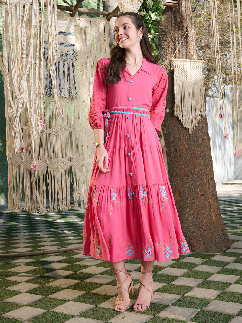 Stylum Women's Pink Solid & Embroidered Rayon Flared Dress (DRSPINKLUCK)
