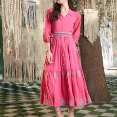 Stylum Women's Pink Solid & Embroidered Rayon Flared Dress (DRSPINKLUCK)