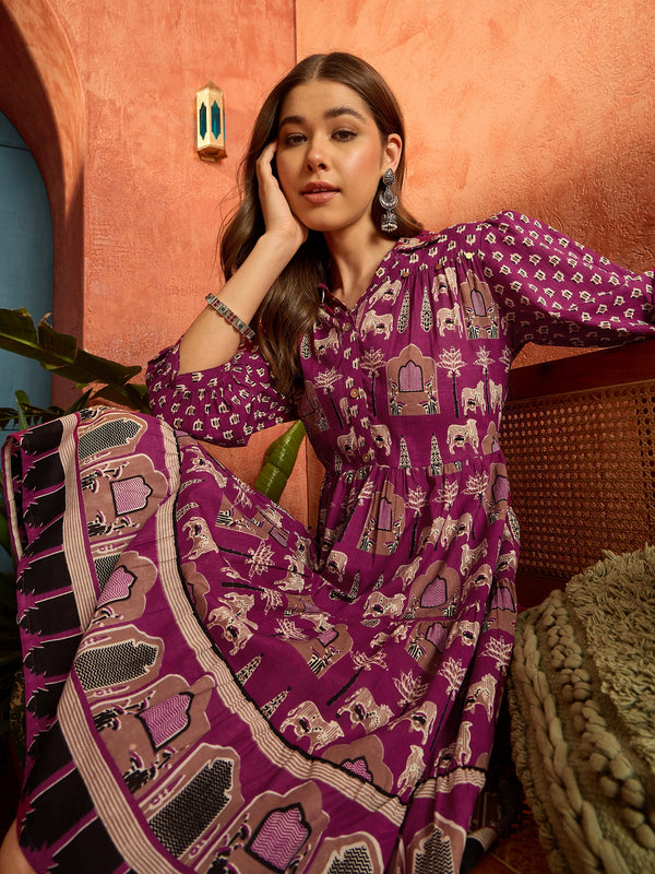 Stylum Women's Pink Ethnic Printed Cotton Flared Dress (DRSPINKPORI)