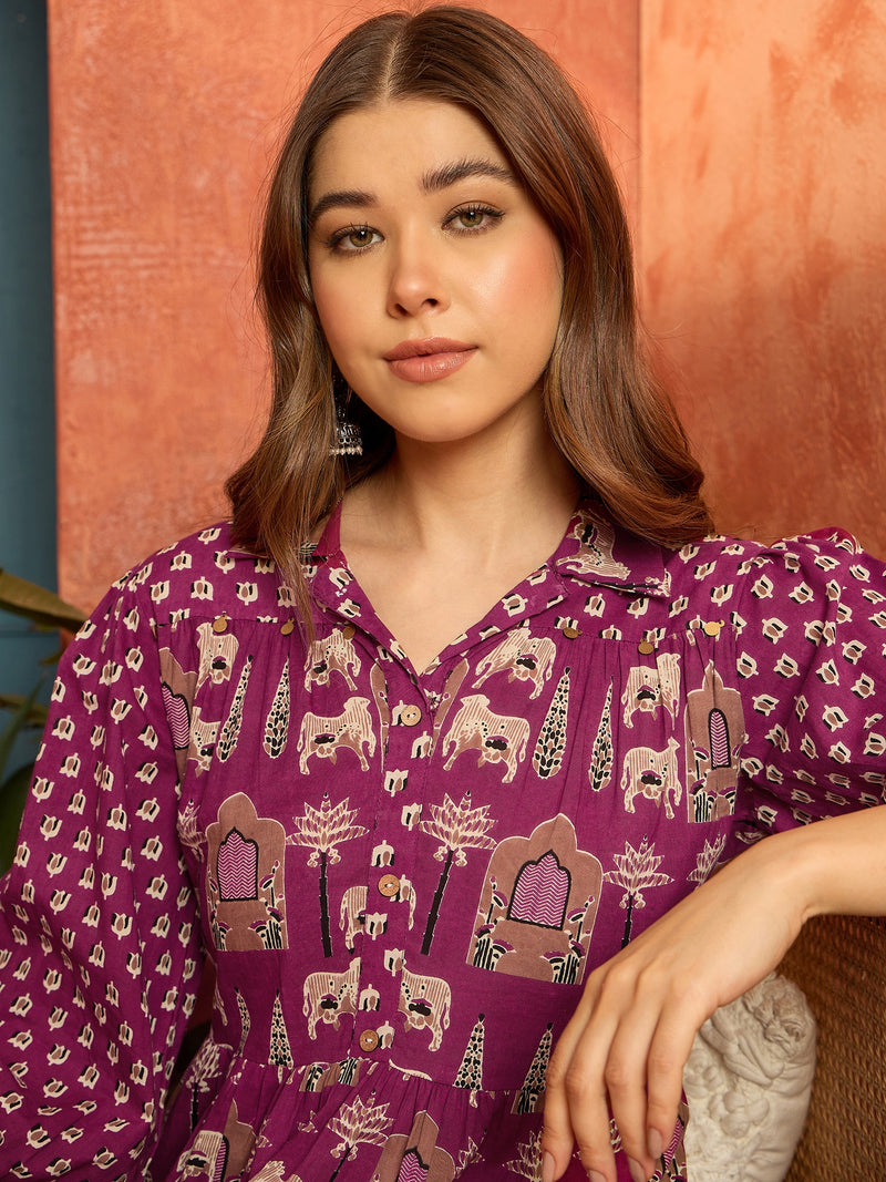 Stylum Women's Pink Ethnic Printed Cotton Flared Dress (DRSPINKPORI)