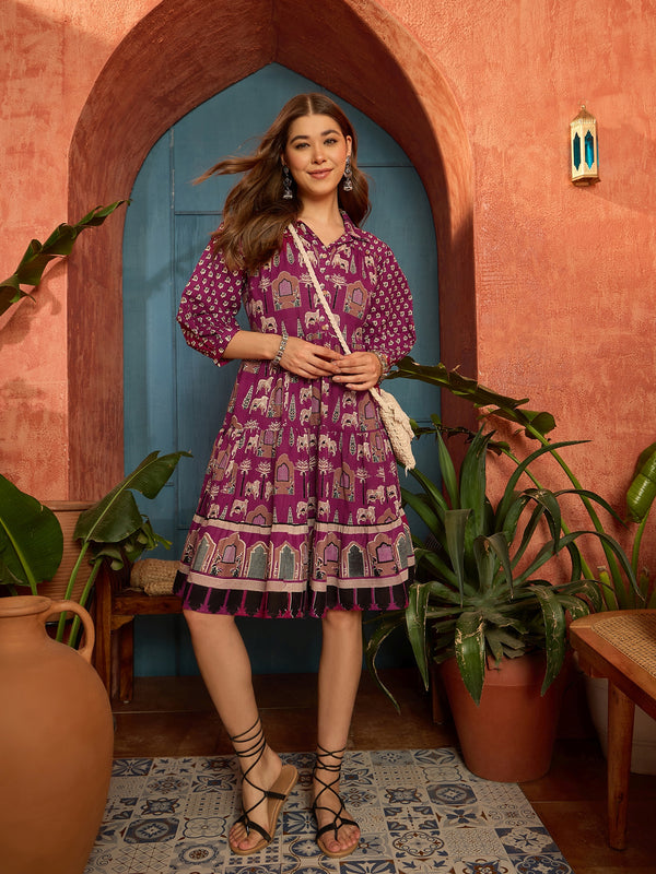 Stylum Women's Pink Ethnic Printed Cotton Flared Dress (DRSPINKPORI)