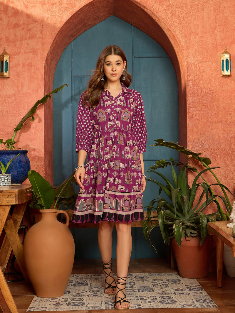 Stylum Women's Pink Ethnic Printed Cotton Flared Dress (DRSPINKPORI)