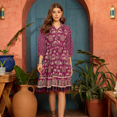 Stylum Women's Pink Ethnic Printed Cotton Flared Dress (DRSPINKPORI)