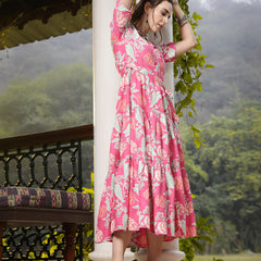 Stylum Women's Pink Floral Printed Rayon Tiered Dress (DRSPINKRENEE)