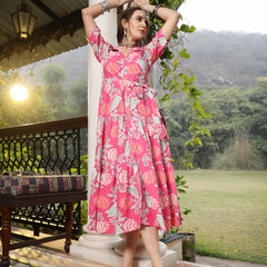 Stylum Women's Pink Floral Printed Rayon Tiered Dress (DRSPINKRENEE)