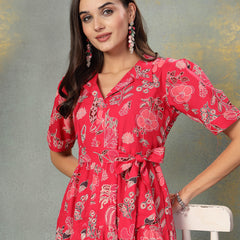 Stylum Women's Pink Tropical Printed Rayon Tiered Dress (DRSPINKSOMIL)