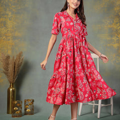 Stylum Women's Pink Tropical Printed Rayon Tiered Dress (DRSPINKSOMIL)