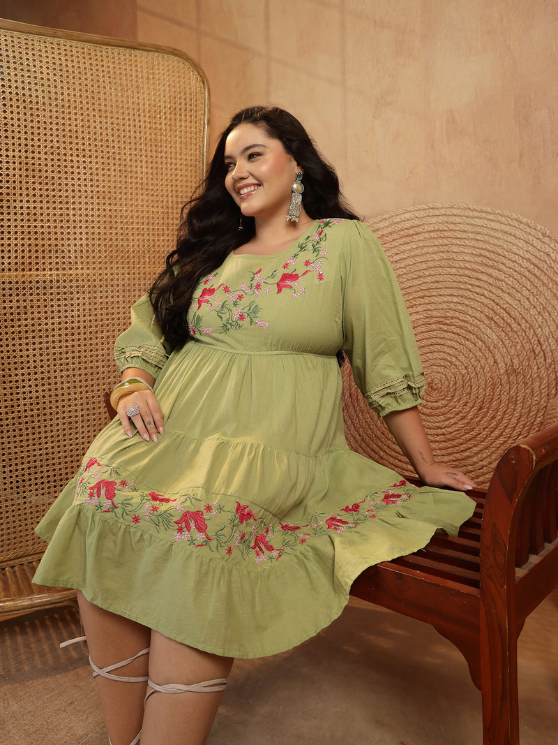 Stylum Women's Plus Size Pestal Green Solid & Embroidered Cotton Tiered Dress (DRSPISTALEETAPLUS)