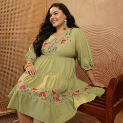 Stylum Women's Plus Size Pestal Green Solid & Embroidered Cotton Tiered Dress (DRSPISTALEETAPLUS)