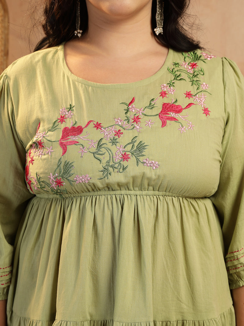 Stylum Women's Plus Size Pestal Green Solid & Embroidered Cotton Tiered Dress (DRSPISTALEETAPLUS)