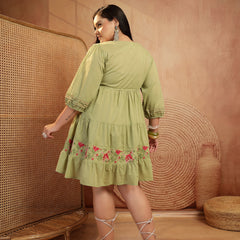 Stylum Women's Plus Size Pestal Green Solid & Embroidered Cotton Tiered Dress (DRSPISTALEETAPLUS)