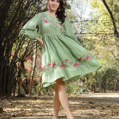 Stylum Women's Pestal Green Solid & Embroidered Cotton Tiered Dress (DRSPISTALEETA)