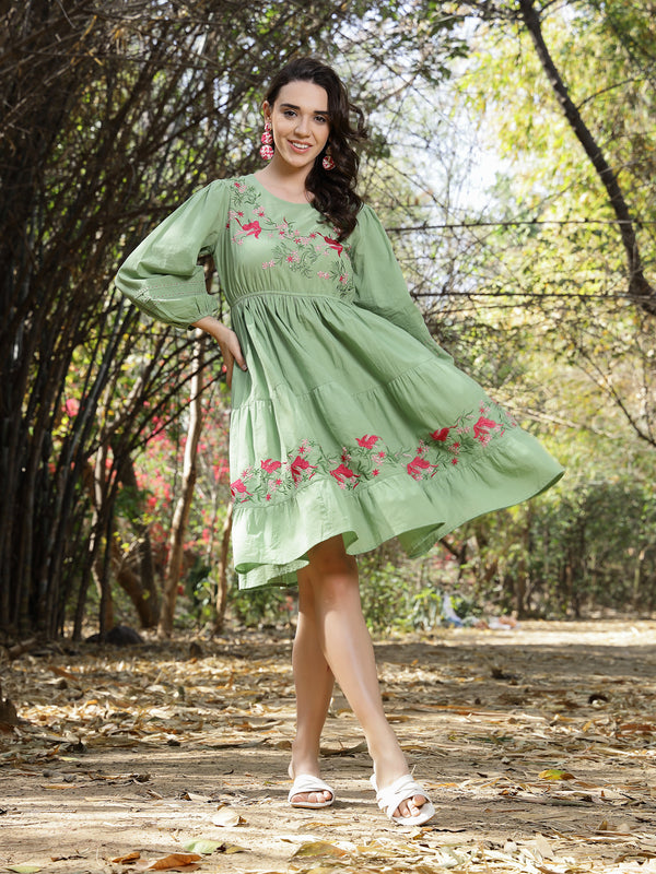 Stylum Women's Pestal Green Solid & Embroidered Cotton Tiered Dress (DRSPISTALEETA)
