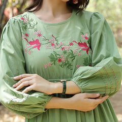 Stylum Women's Pestal Green Solid & Embroidered Cotton Tiered Dress (DRSPISTALEETA)