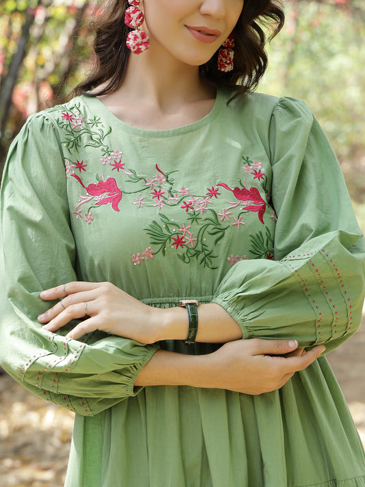Stylum Women's Pestal Green Solid & Embroidered Cotton Tiered Dress (DRSPISTALEETA)