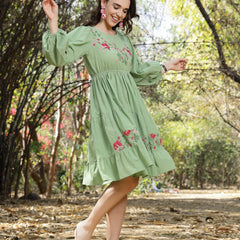 Stylum Women's Pestal Green Solid & Embroidered Cotton Tiered Dress (DRSPISTALEETA)