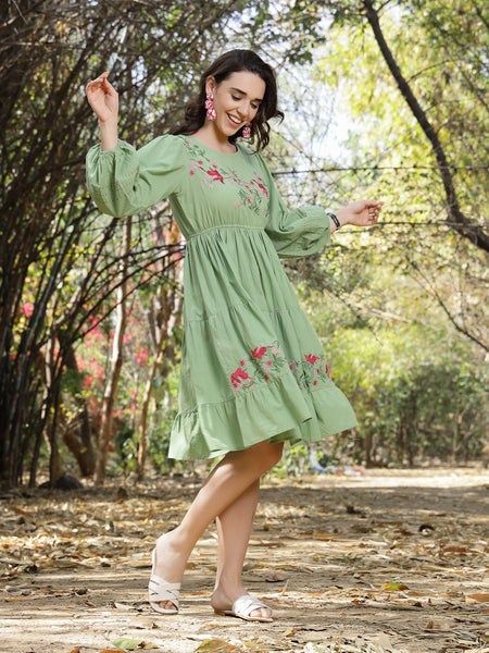 Stylum Women's Pestal Green Solid & Embroidered Cotton Tiered Dress (DRSPISTALEETA)