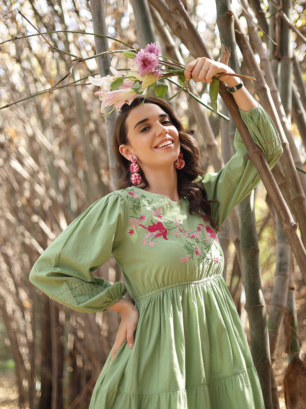 Stylum Women's Pestal Green Solid & Embroidered Cotton Tiered Dress (DRSPISTALEETA)