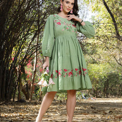 Stylum Women's Pestal Green Solid & Embroidered Cotton Tiered Dress (DRSPISTALEETA)