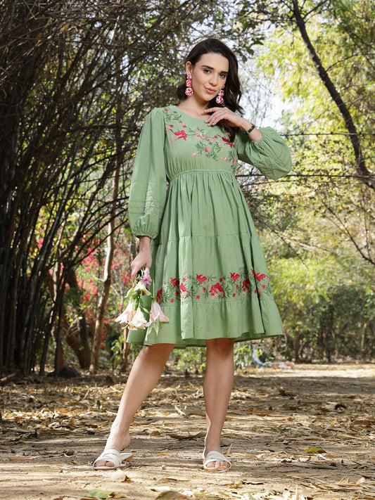 Stylum Women's Pestal Green Solid & Embroidered Cotton Tiered Dress (DRSPISTALEETA)
