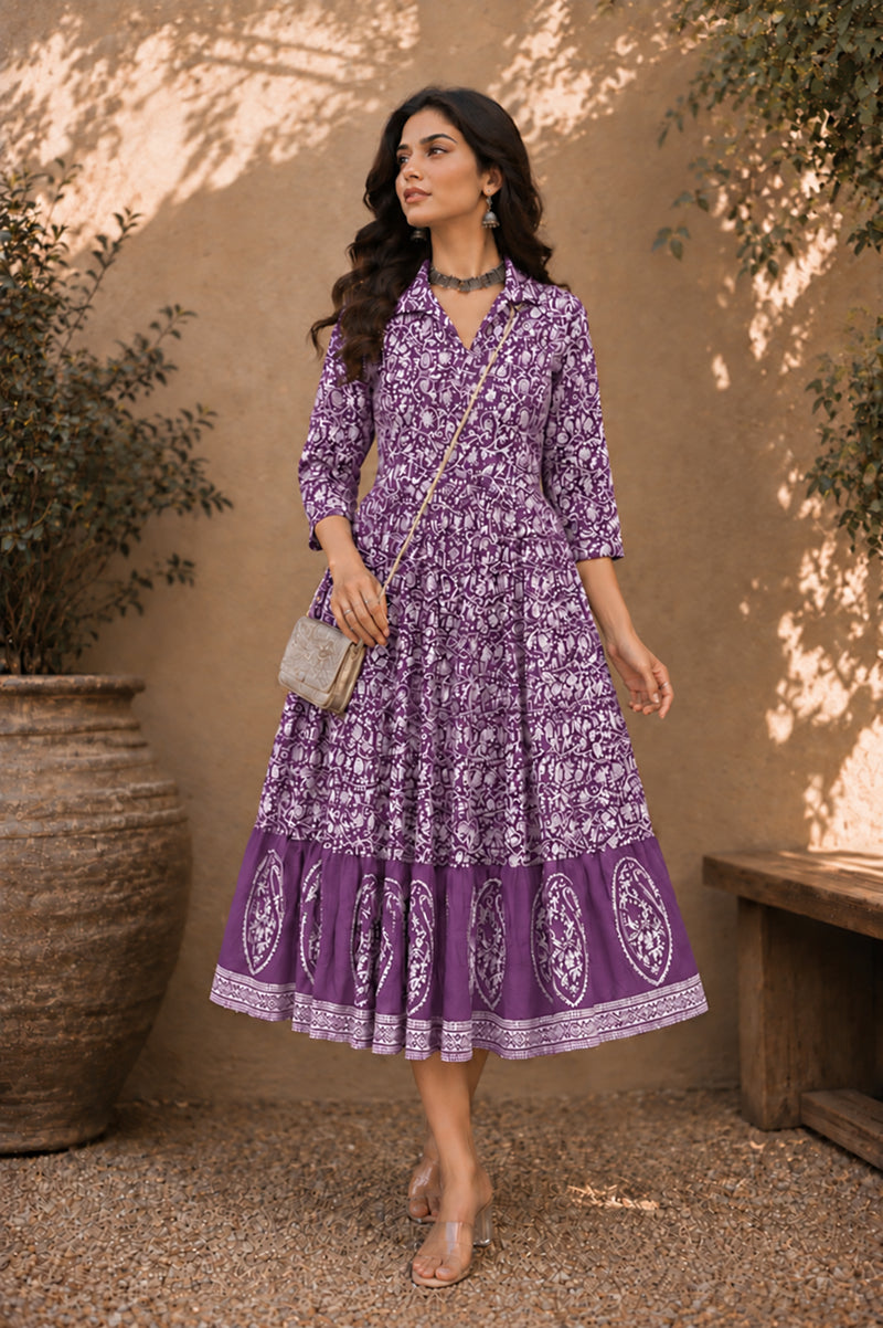 Stylum Women's Purple Dabu Printed Cotton Flared Dress (DRSPURPLEBATRA)