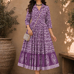 Stylum Women's Purple Dabu Printed Cotton Flared Dress (DRSPURPLEBATRA)