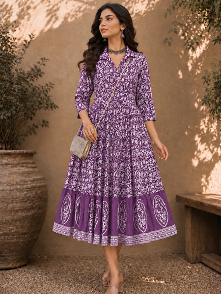 Stylum Women's Purple Dabu Printed Cotton Flared Dress (DRSPURPLEBATRA)