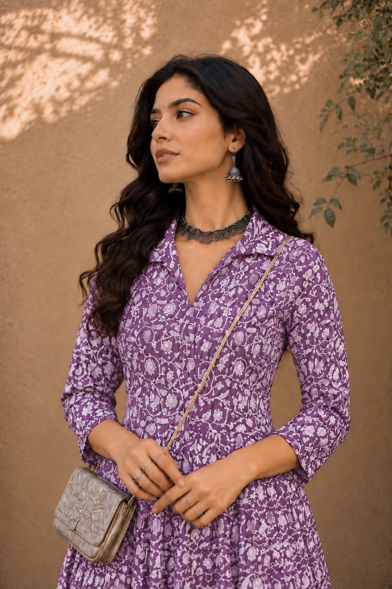 Stylum Women's Purple Dabu Printed Cotton Flared Dress (DRSPURPLEBATRA)
