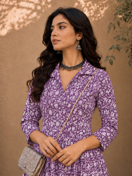 Stylum Women's Purple Dabu Printed Cotton Flared Dress (DRSPURPLEBATRA)
