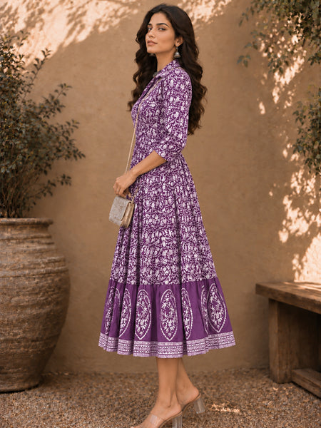 Stylum Women's Purple Dabu Printed Cotton Flared Dress (DRSPURPLEBATRA)