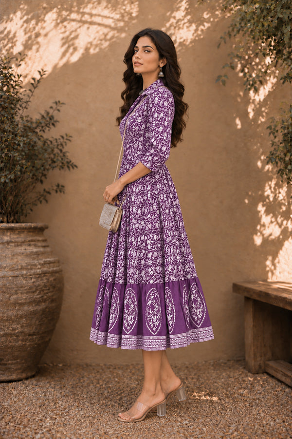 Stylum Women's Purple Dabu Printed Cotton Flared Dress (DRSPURPLEBATRA)